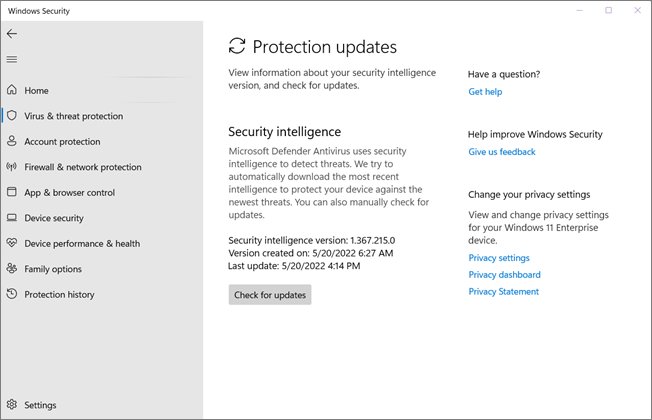 Windows Security Protection updates page with the Check for updates button