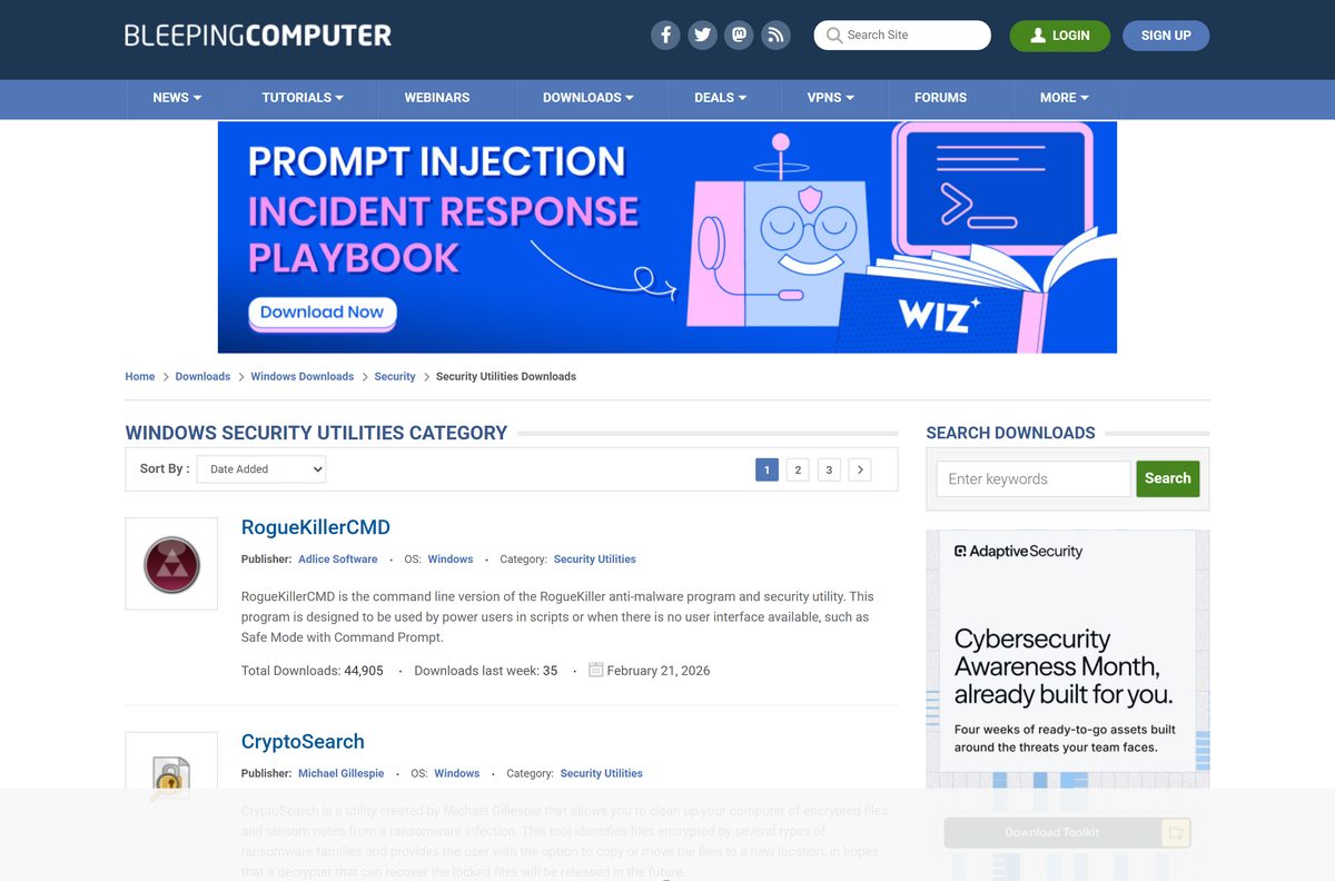 BleepingComputer Windows security utilities category with weekly download counts