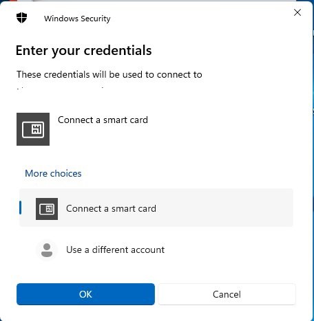 Windows Security credentials prompt offering Connect a smart card