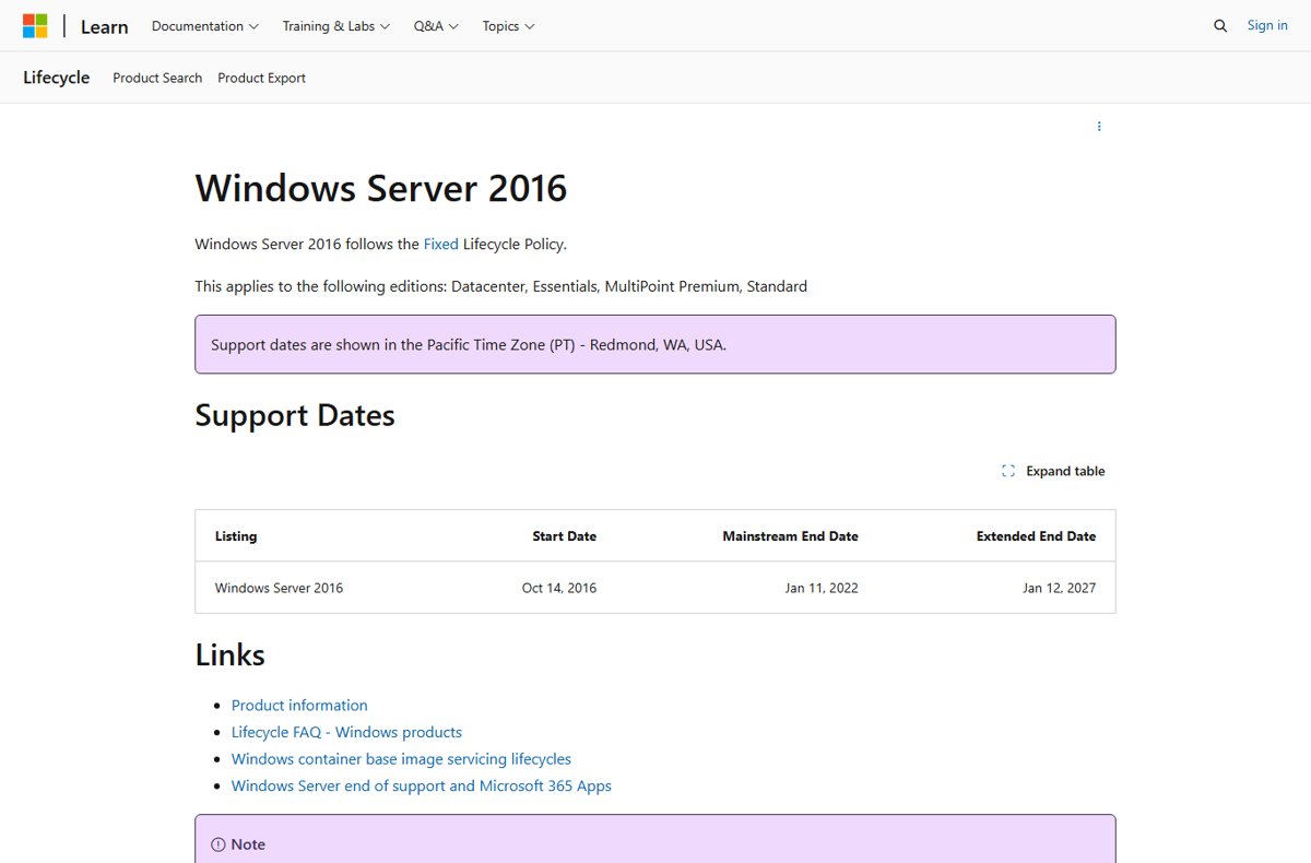 Windows Server 2016 EOL and end of support: January 12, 2027