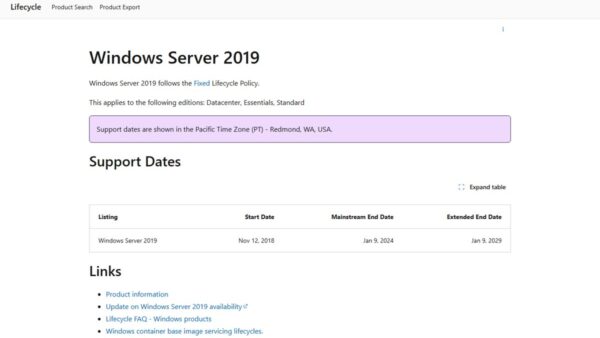 Windows Server 2019 end of life date