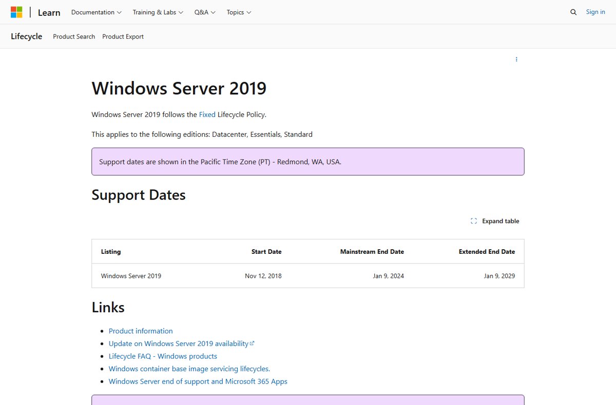 Windows Server 2019 end of life date