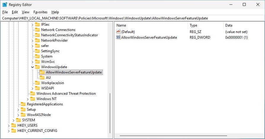 Windows Server 2019 upgrade option enabled with the AllowWindowsServerFeatureUpdate registry value