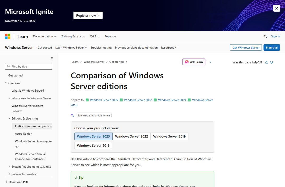 Windows Server 2025: differences between editions
