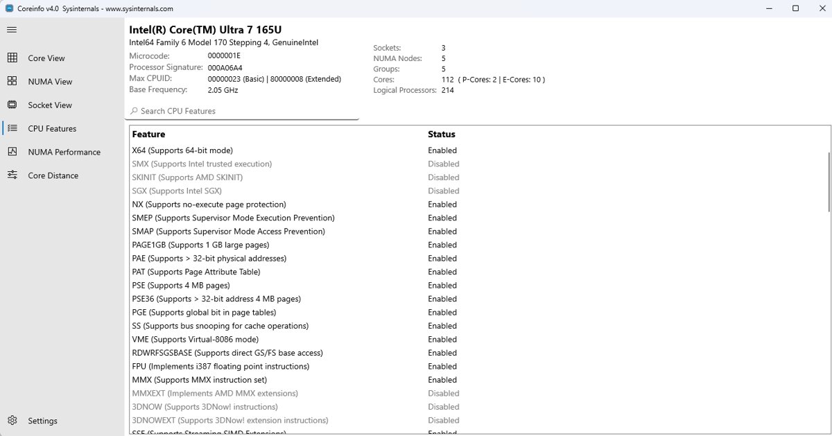 Windows Server 2025 processor requirements checked in Coreinfo CPU Features view