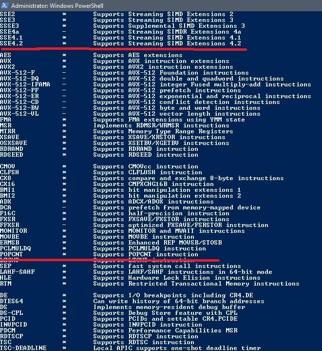 Windows Server 2025 system requirements check with Coreinfo showing SSE4.2 and POPCNT