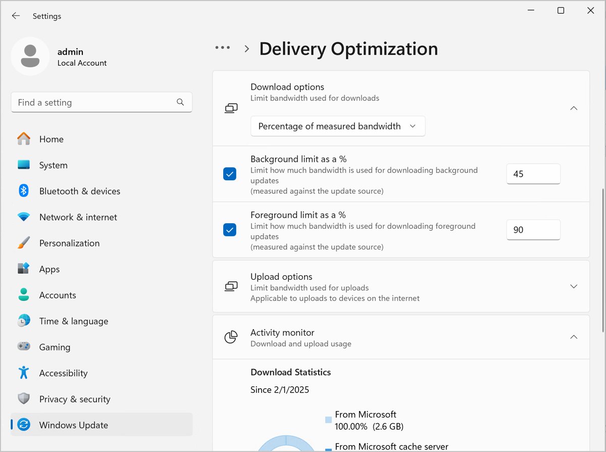 Windows Settings Delivery Optimization page with background and foreground bandwidth limits