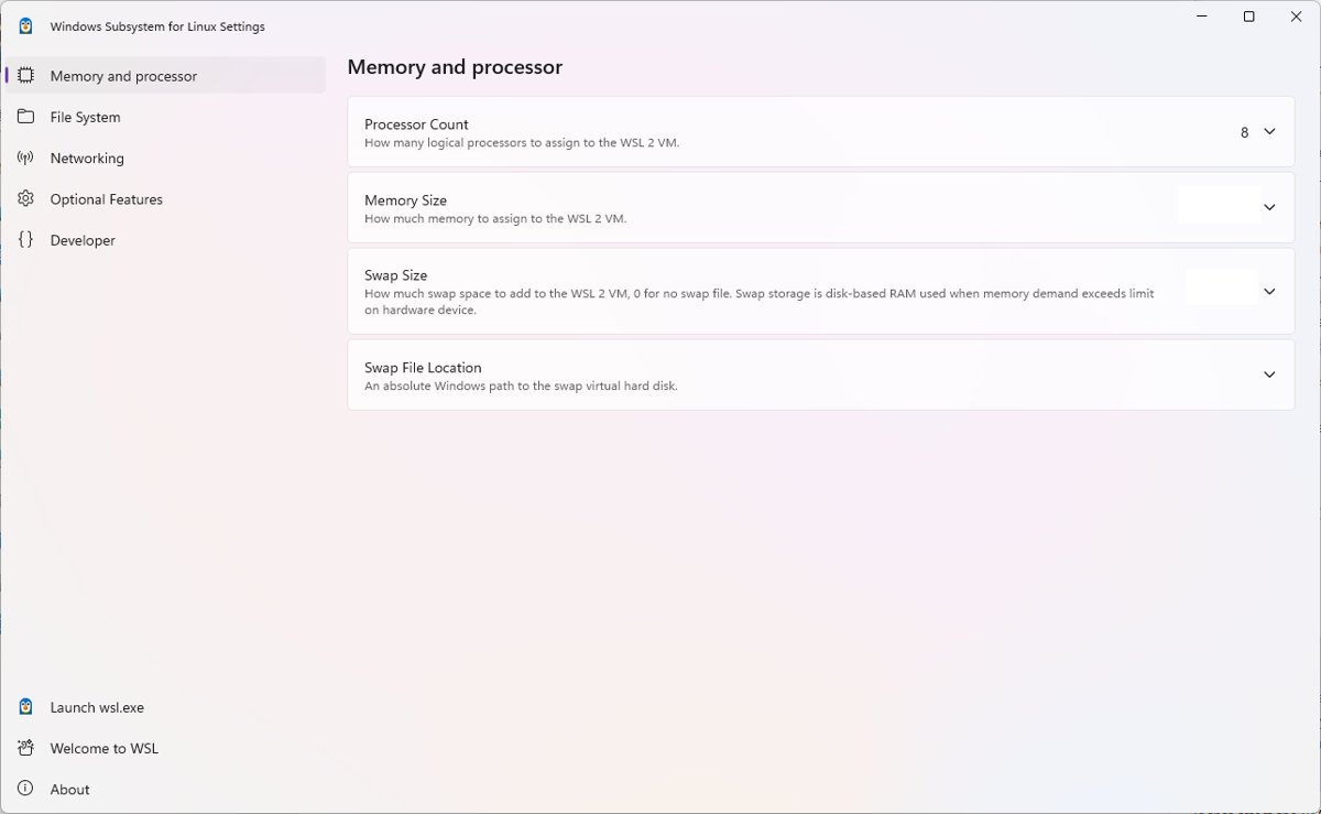 Windows Subsystem for Linux Settings app showing the Memory and processor page