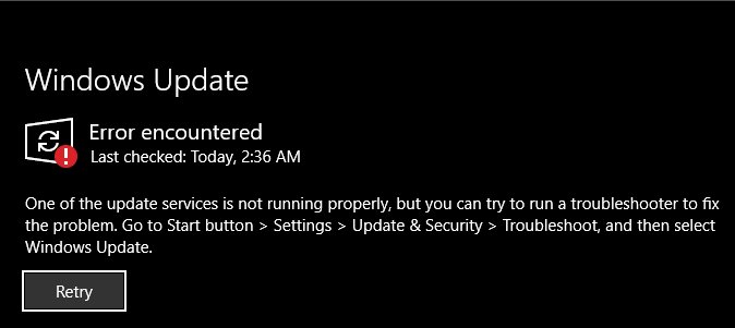 Windows Update error encountered with a Retry button after rebuilding the SoftwareDistribution cache