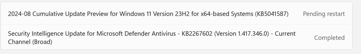 Windows Update list with a 23H2 cumulative update pending restart