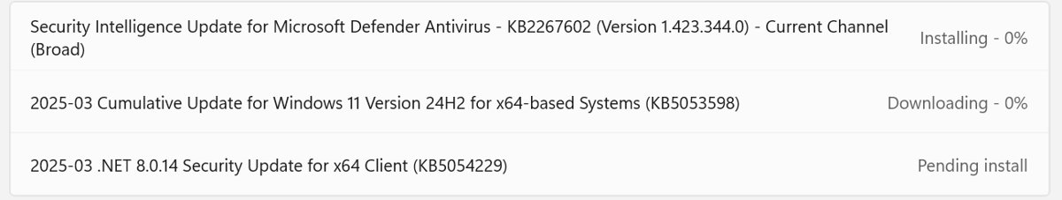 Windows Update list with a 24H2 cumulative update downloading
