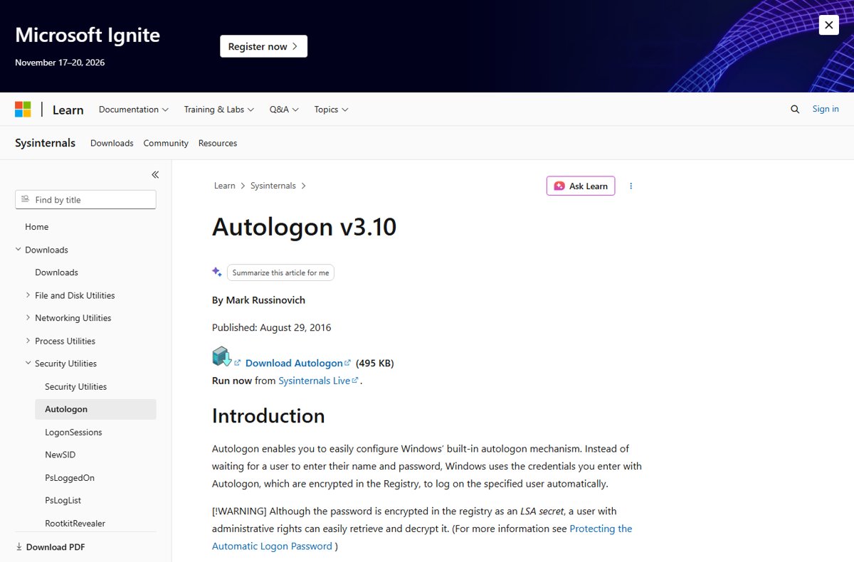 Windows automatic sign-in with the Sysinternals Autologon v3.10 page