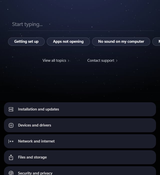 Windows help and support search box with topics like Installation and updates