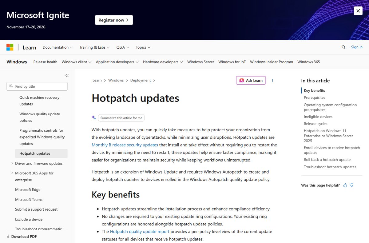 Windows hotpatch explained: rebootless security updates