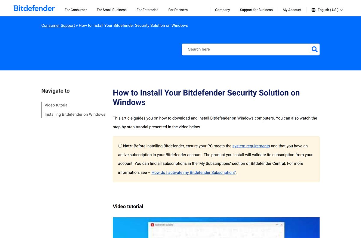 Bitdefender support article walking through the Windows install from Central