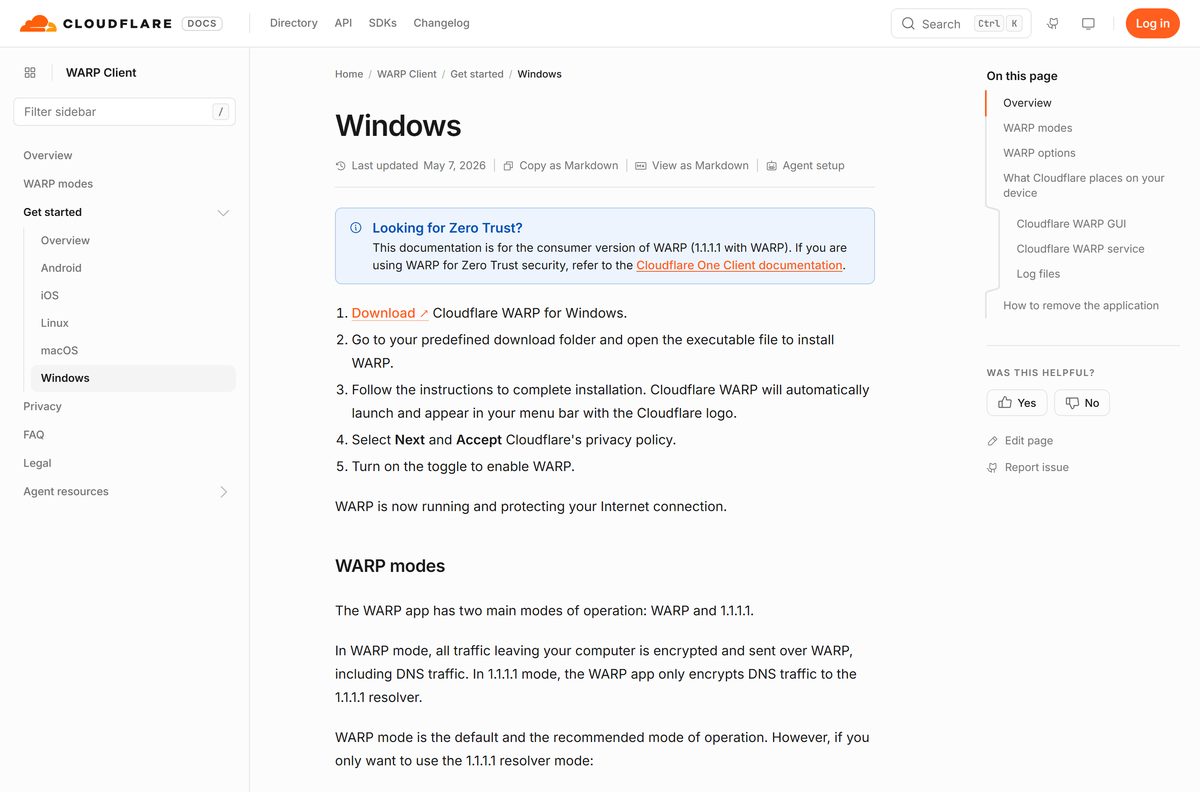 Windows install guide for Cloudflare WARP with numbered setup steps