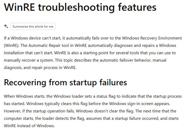 Windows recovery tools in WinRE for startup failure repair