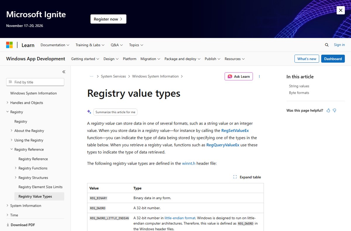 Windows registry value types table listing REG_BINARY and REG_DWORD