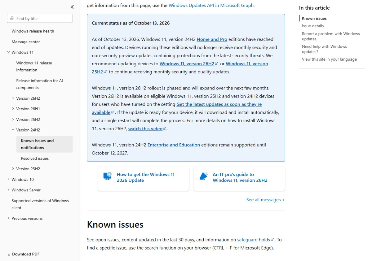 Windows release health status box recommending version 26H2 or 25H2
