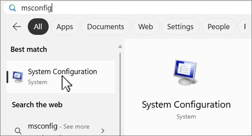 Windows search box with msconfig typed and System Configuration listed