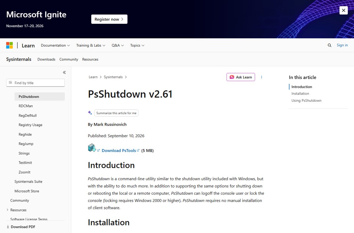 Windows sleep timer command tool PsShutdown page with the Download PsTools link