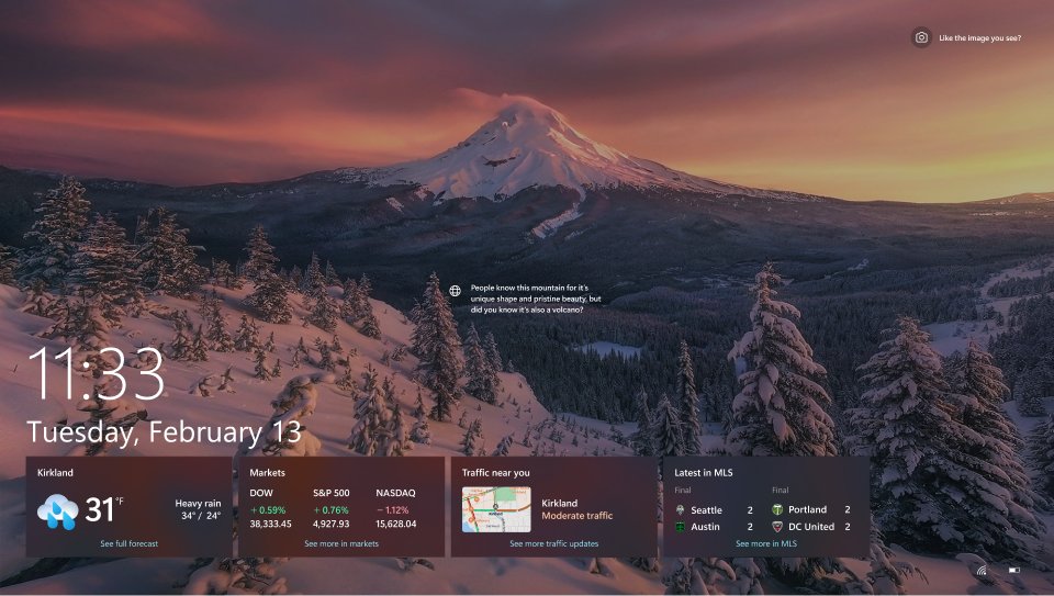 Windows spotlight photo with widgets on a Windows 11 lock screen