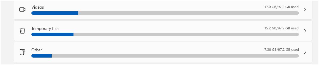 Windows temporary files size shown under System > Storage in Windows 11 Settings
