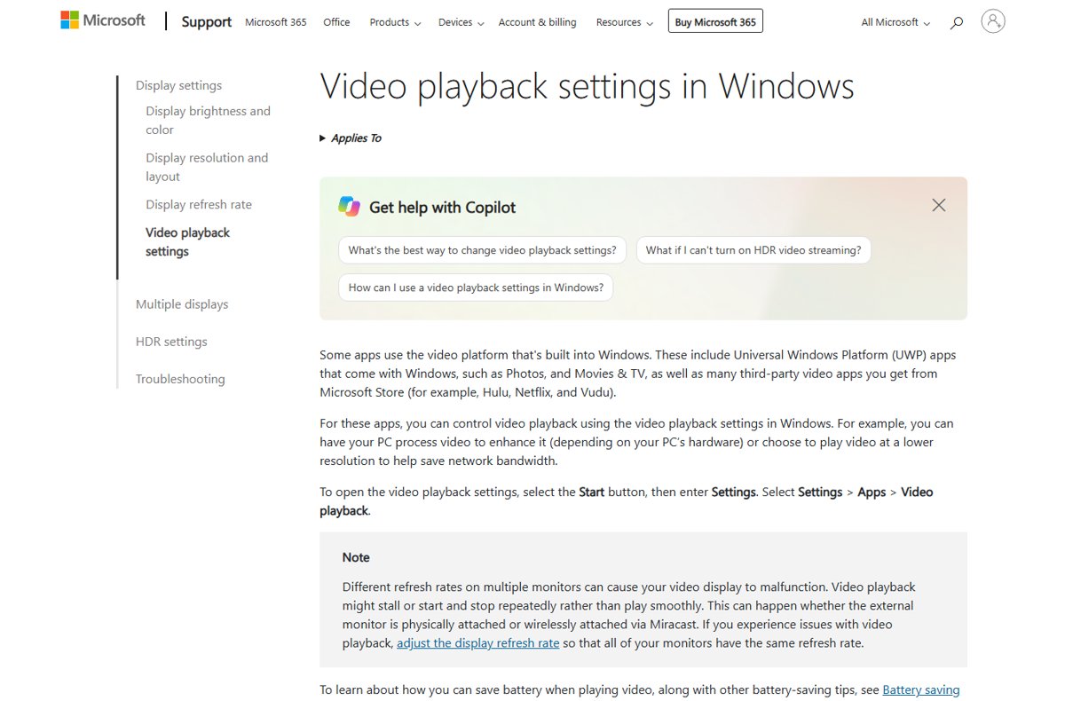 Windows video playback settings page with the note on mismatched refresh rates
