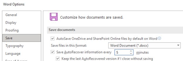 Word ASD AutoRecover save interval set in Word Options Save settings