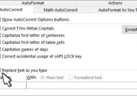 Word AutoCorrect tab with Replace text as you type ticked