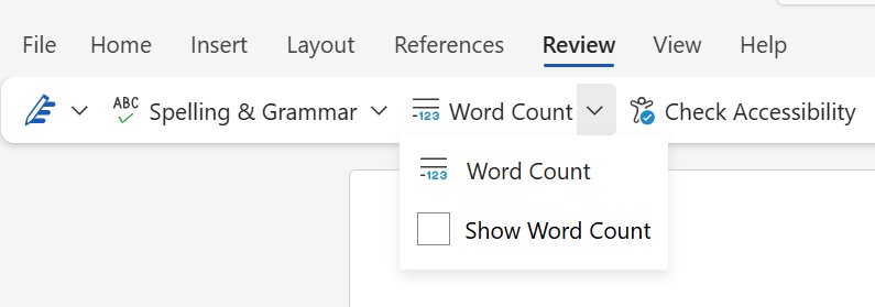 Word Count menu on the Review tab with Show Word Count cleared