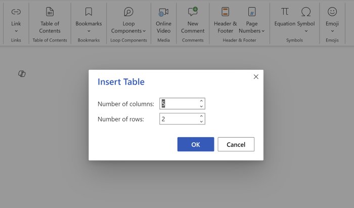 Word Insert Table dialog asking for number of columns and rows