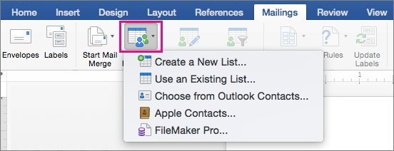 Word Mailings tab with Select Recipients menu listing new, existing and Outlook lists