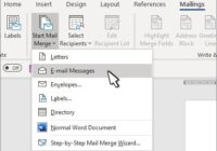 Word Mailings tab with the Start Mail Merge document type menu open