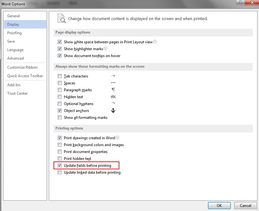 Word Options Display page with Update fields before printing selected