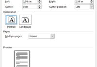 Word Page Setup dialog on the Margins tab with Portrait orientation selected