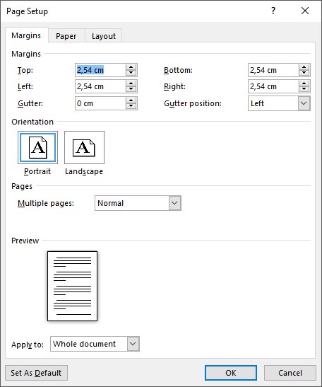 Word Page Setup dialog on the Margins tab with Portrait orientation selected