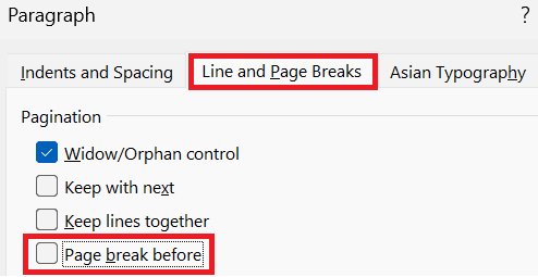Word Paragraph dialog on the Line and Page Breaks tab with pagination options