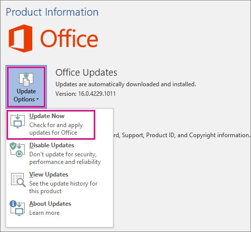 Word Product Information pane with the Update Options menu open and Update Now highlighted