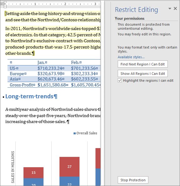 Word Restrict Editing pane on a protected document with Stop Protection button