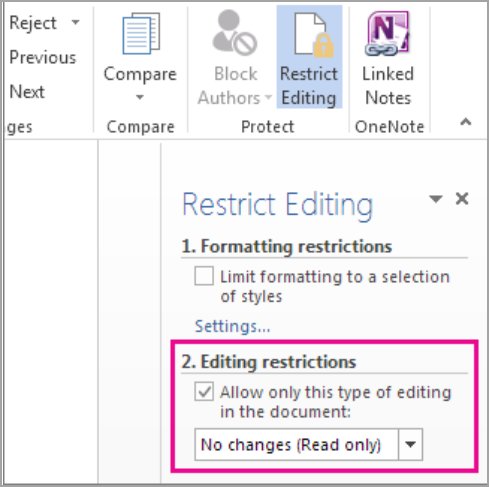 Word Restrict Editing pane with No changes (Read only) selected