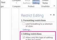 Word Restrict Editing pane with editing restrictions option highlighted