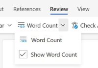 Word Review tab with the Word Count menu and Show Word Count ticked