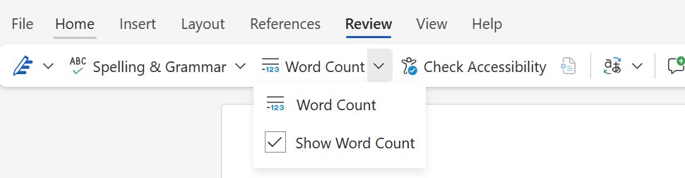 Word Review tab with the Word Count menu and Show Word Count ticked