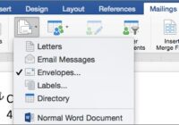 Word for Mac Mailings tab with Start Mail Merge list and Envelopes checked