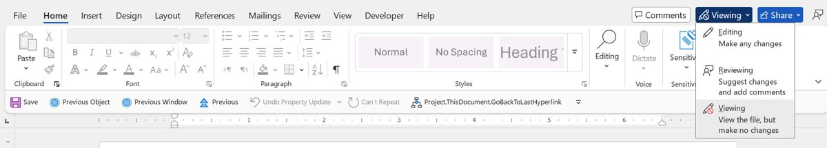 Word mode menu listing Editing, Reviewing and Viewing options