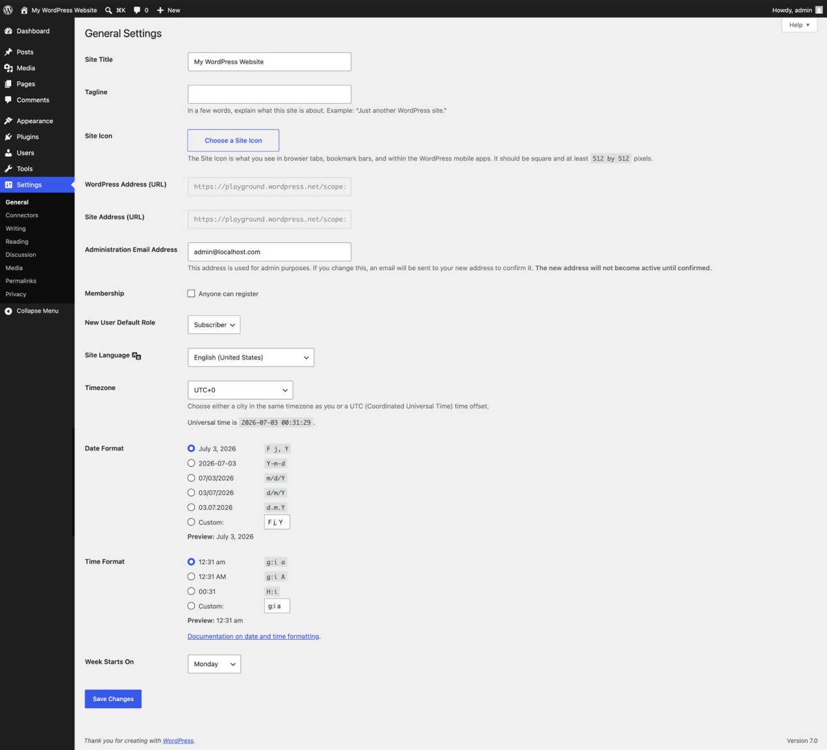 WordPress General Settings with WordPress Address and Site Address fields