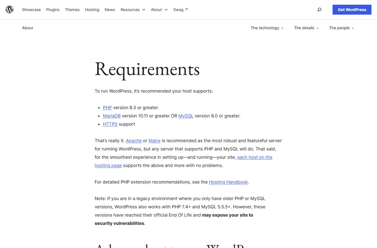 WordPress required PHP version on the official requirements page