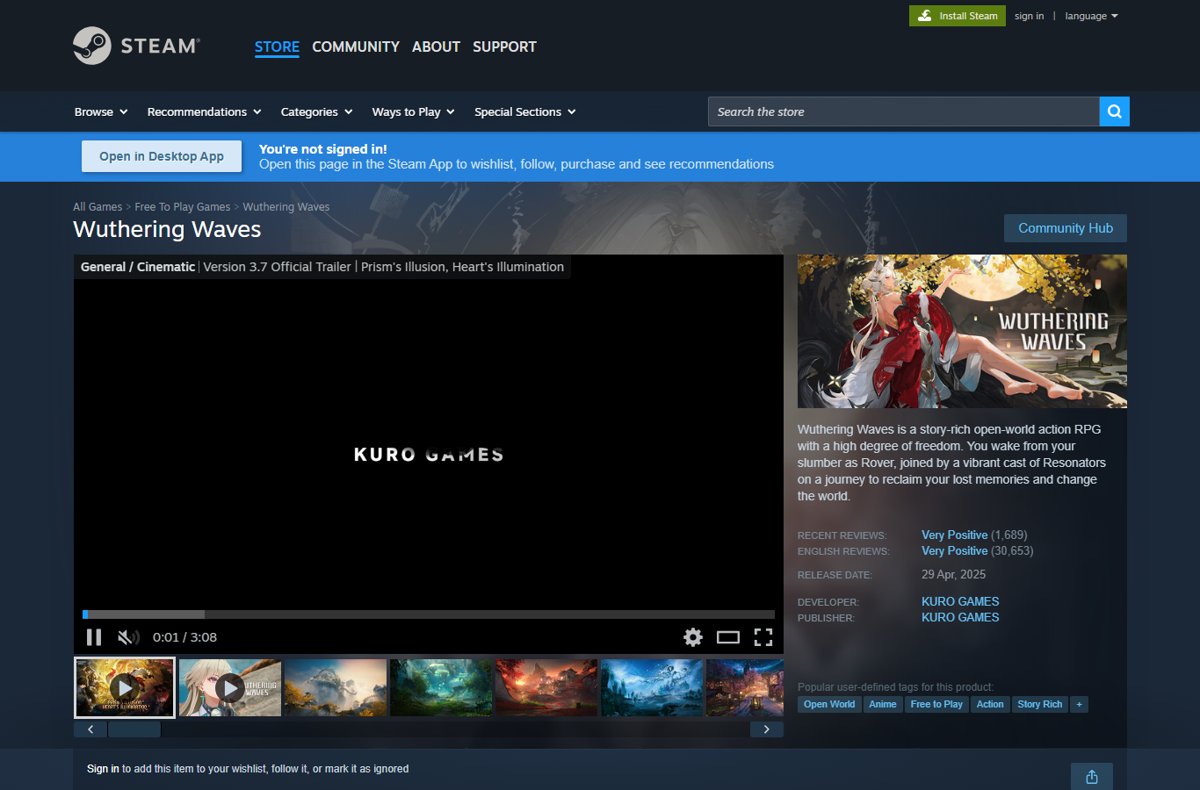 Wuthering Waves Steam page for a free open-world action game