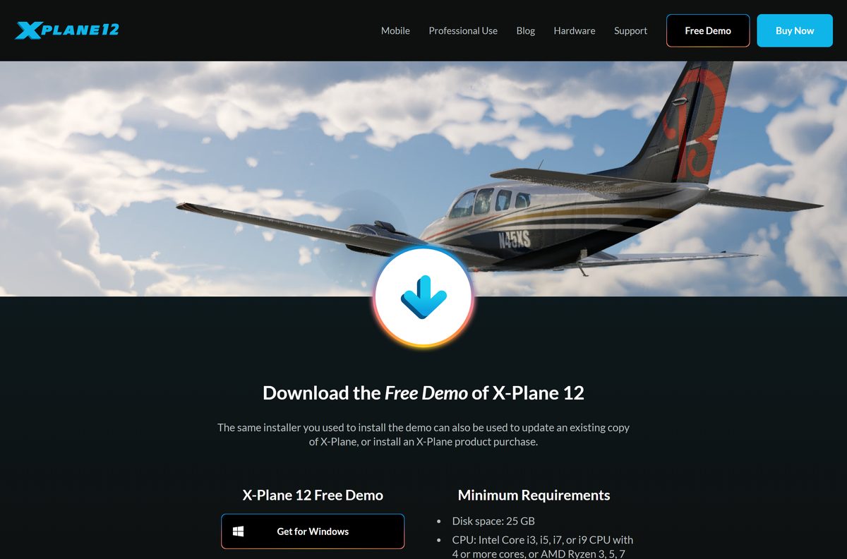 Official X-Plane 12 free demo page with Windows, Mac and Linux buttons